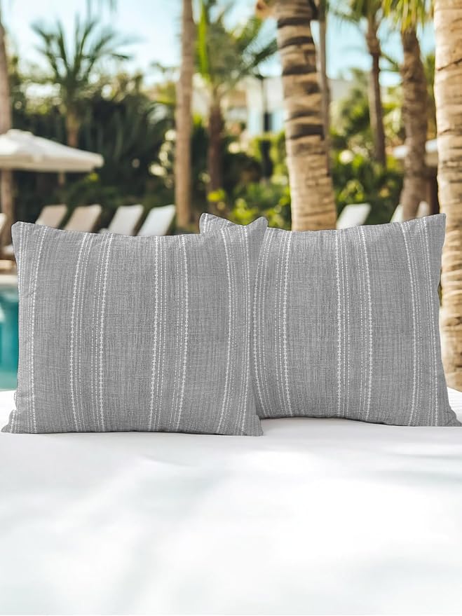 Waterproof Outdoor Pillow Set of 2 Gray Linen Stripes Decorative Throw Pillows Cover & Insert 16x16 Inch Pillowcase Parallel Vertical Lines Pillows for Couch Sofa Bed Patio Furniture Indoor Outdoor