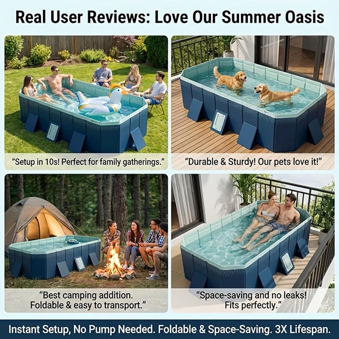 Foldable Pool, Non-Inflatable Swimming Pool for Kids Adults, Extra Large Stable Collapsible Pool Hard Plastic, Portable Folding Kids Dogs Pool for Family Backyard Garden Outdoor, 113"L x 66"W x 21"H