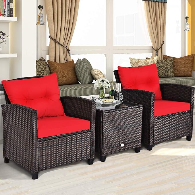 3 Pieces Wicker Patio Furniture Set, Outdoor Sofa Set with Water-Resistant Cushion & Tempered Glass Table, Outdoor Conversation Set Bistro Set for Garden, Balcony, Poolside(Red)