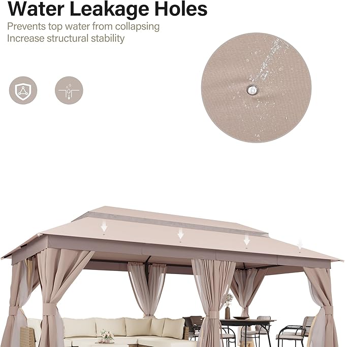 LAUSAINT HOME 10'x20' Outdoor Gazebo, Metal Frame Heavy Duty Patio Canopy Tent Shelter with Double Roofs, Mosquito Nettings and Privacy Screens for Backyard, Garden, Lawn, Khaki