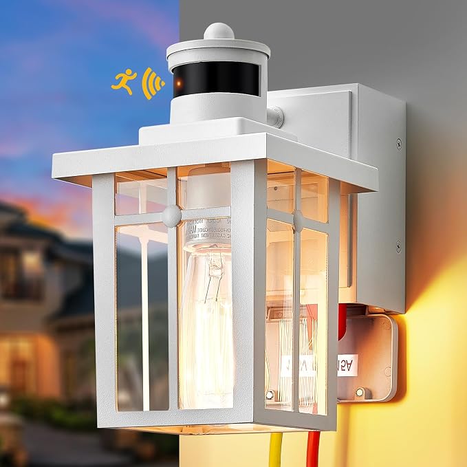 Myhaptim Porch Lights with GFCI Outlet,Dusk to Dawn Motion Sensor Outdoor Lights,3 Lighting Modes White Front Door Light，Waterproof Exterior Light Fixture,Outside Lamp for House Patio Garage