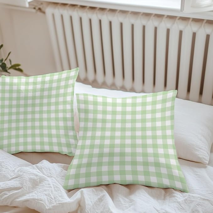 Mint Green Checks Outdoor Pillow Covers 20"x20" Set of 2, Gingham Plaid Abstract Modern Minimalist Waterproof Throw Pillow Covers for Patio Furniture, Decorative Cushion Covers for Porch