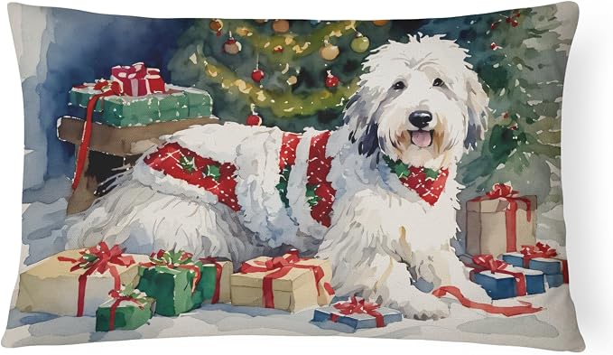 Caroline's Treasures DAC2717PW1216 Old English Sheepdog Cozy Christmas Throw Pillow Machine Washable, Indoor Outdoor Decorative Pillow for Couch, Bed or Patio, 12HX16W