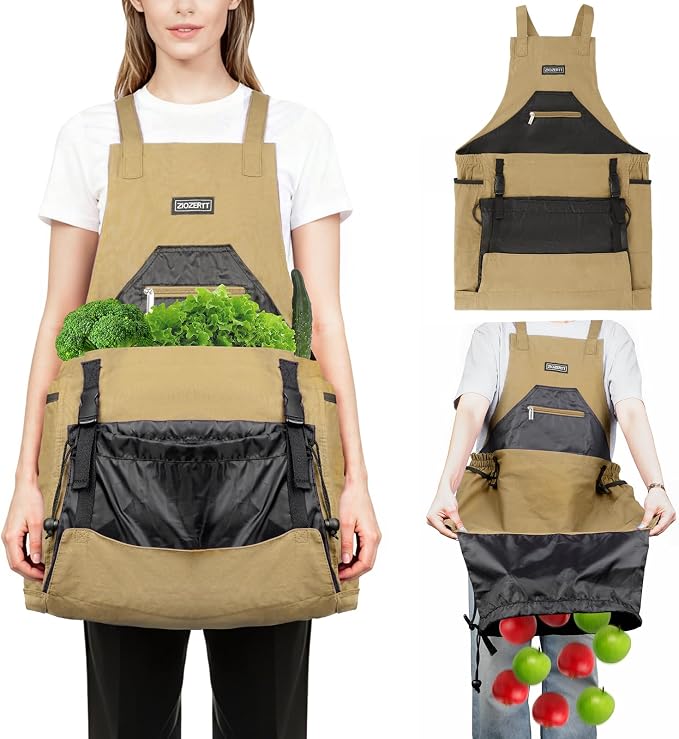 Garden Apron,Harvest Aprons with Drawstring Bag and Pockets for Women and Men,Canvas Fruit Picking Apron