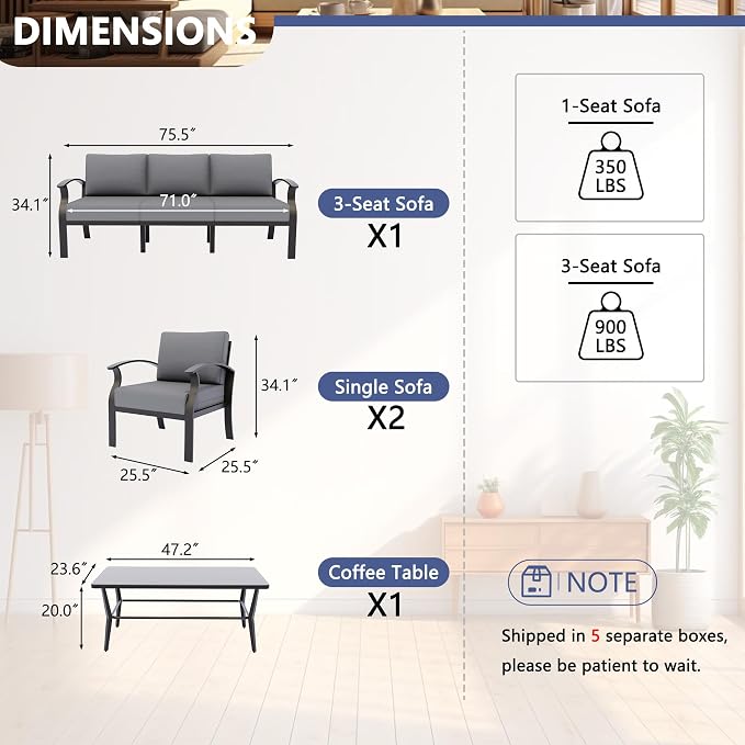 Kurapika Aluminum Patio Furniture Set 5-Seat Modern Metal Outdoor Conversation Sets w/5.1 Inch Cushion Patio Sectional Sofa with Rectangular Coffee Table, Grey