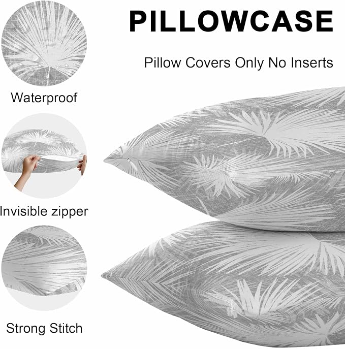 Throw Pillow Covers 26x26 Inch Set of 2, Grey Palm Leaves Coastal Waterproof Outdoor Pillow Covers, Summer Tropical Botanical Boho Decorative Cushion Pillowcases for Couch, Sofa, Bed, Garden, Patio