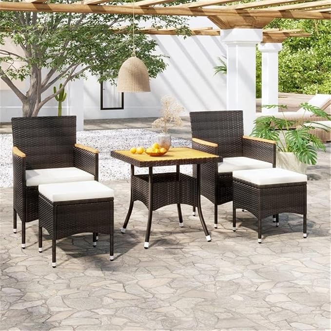 BOWERY HILL 5-Piece Garden Dining Set, Black and Cream White Poly Rattan, Square Table with Cushioned Chairs, Powder-Coated Finish, Durable Indoor/Outdoor Patio or Balcony Furniture for Entertaining