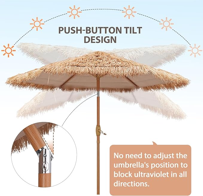 GDY 7.5ft Tiki Patio Umbrella Outdoor Table Umbrella(Optional with Light or Base), Market Umbrella,with Crank for Patio, Garden, Lawn, Deck, Backyard & Pool