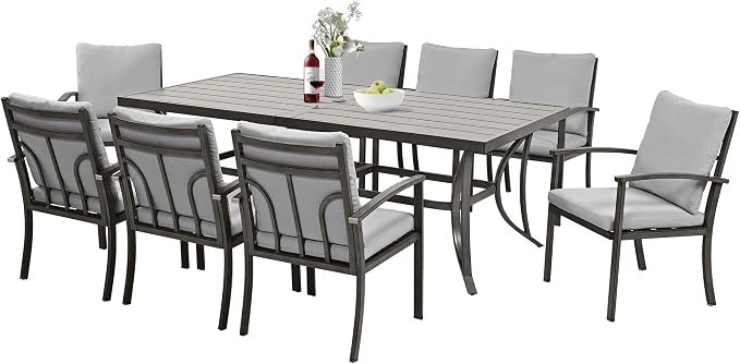 HAPPATIO 9-Piece Patio Dining Set - All Aluminum Table and Chairs for 8, Includes Rectangular Table and 8 Chairs with Cushions, Lawn, Garden