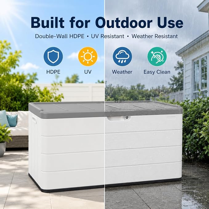 ADDOK 110 Gallon Outdoor Deck Box, Large Waterproof Resin Storage Box with Lid Support Rod, Lockable Lid and Side Handles, Patio Cushion Storage Bench for Poolside, Garden and Backyard, White