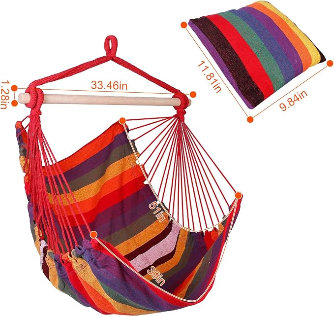 Hammock Chair Hanging Rope Swing - 2 Cushions Pillows Included - Portable Large Macrame Hanging Chair with Pocket - Camping Rope Seat