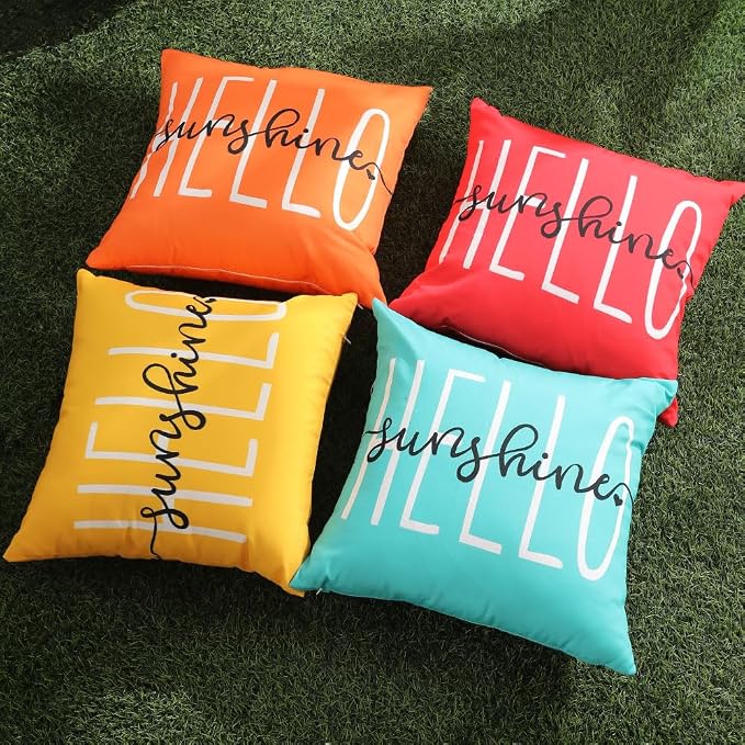 DFXSZ Blue Green Outdoor Waterproof Pillow Covers 16x16 Set of 2 | Hello Sunshine Decor Spring Summer Polyester Pillow Covers(NO INSERTS)| Decor for Patio Funiture Garden Sofa Couch