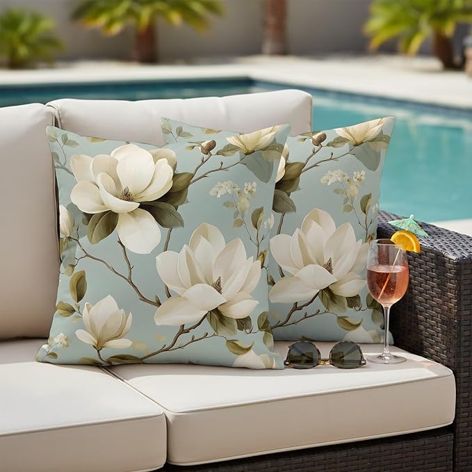 Vintage Floral Outdoor Pillow Covers 18"x18" Set of 2, Magnolia Flowers Branches Rustic Botanical Teal Waterproof Throw Pillow Covers for Patio Furniture, Decorative Cushion Covers for Porch