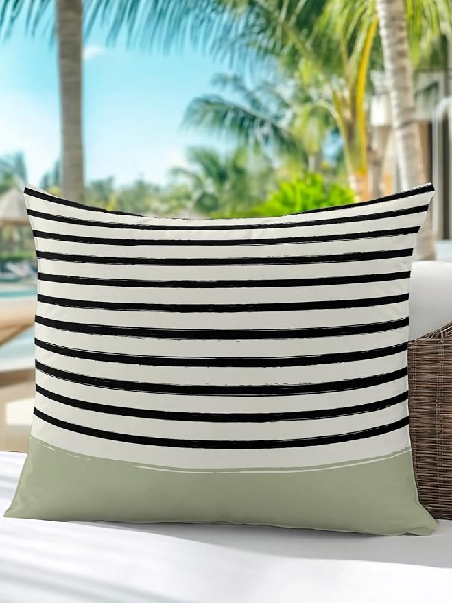 Waterproof Outdoor Pillow 1 Pack Black Stripes Decorative Throw Pillows Cover & Insert 16x16 Inch Pillowcase Striped Lines Sage Green Square Pillows for Couch Sofa Bed Patio Furniture Indoor Outdoor