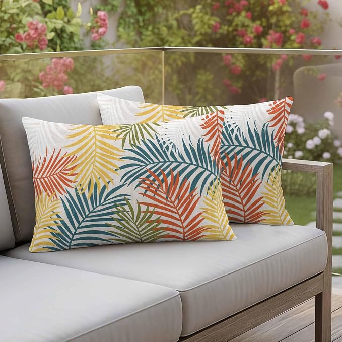 Outdoor Waterproof Throw Pillow Covers, Orange Green Yellow Palm Leaves Decorative Pillow Cases, Summer Botanical Tropical Leaf Couch Pillow Protector Patio Sofa Cushion Covers 20"x12" 2 Pack