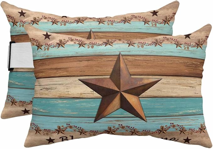 Western Texas Star Vintage Outdoor Pillows for Chaise Lounge Chair Beach Headrest Pillow Set of 2 Lumbar Pillows with Insert&Strap Retro Farmhouse Turquoise Brown Wood Neck Pillow for Pool 11"x16"