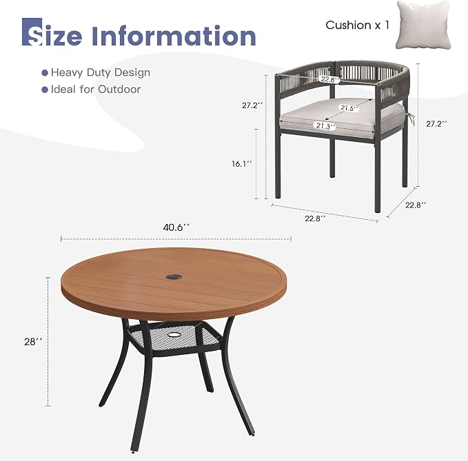 VICLLAX Patio Dining Set, 40.6" Walnut Table & 4 Chairs with Wheat Cushion | Outdoor Table and Chairs Set of Round Metal Patio Table, Outdoor Dining Chairs with Metal Frame, Garden Deck Porch