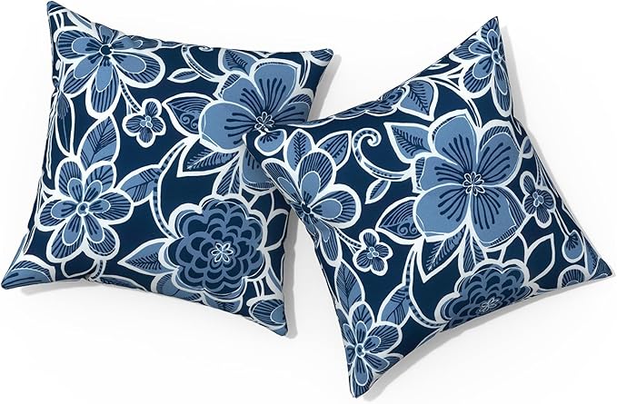 Outdoor Pillows for Patio Furniture 18x18 inch, Square Outdoor Throw Pillows with Inserts, Decorative Toss Pillows for Garden Couch Home Sofa Office Chair, Pack of 2,Flower Navy