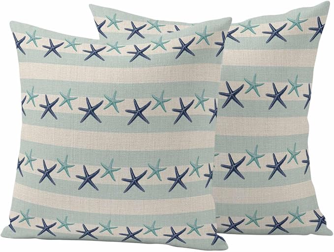 Summer Ocean Starfish Outdoor Pillow Covers Set of 2 Nautical Farmhouse Blue Teal Starfish Rustic Stripe Waterproof Throw Pillow Cover Decorative Cushion Cases for Patio Porch Garden 18X18 Inch