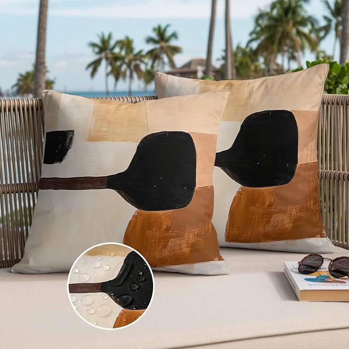 Beige Black Outdoor Waterproof Throw Pillow Covers Set of 2, 26"x26", Brown Abstract Art Graffiti Color Block Modern Decorative Pillow Covers Outside Cushion Case for Patio Porch Garden
