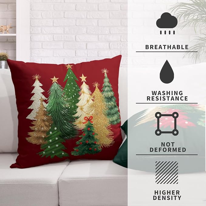 Green and Red Xmas Pillow Covers Set of 2 Colorful Christmas Tree Pillow Case 16x16 Winter Holiday Throw Pillow Cases Cotton Linen Cushion Case for Couch Sofa Home Decor