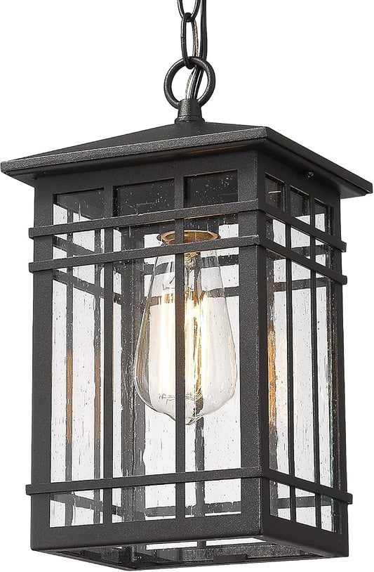 Outdoor Pendant Lighting, Exterior Pendant Lantern, Farmhouse Porch Hanging Lantern Lights with Seeded Glass in Black Finish, Outdoor Pendant Lamp for Front Porch, Entryway, Patio, Gazebo