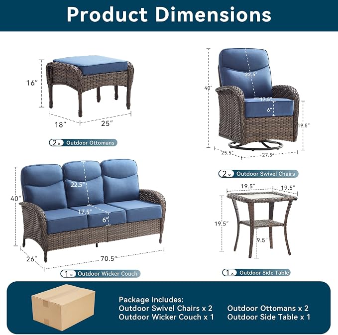 Luxury Outdoor Patio Furniture Set with 6-Inch Thick Cushions, 6 Pieces All-Weather Wicker Outdoor Furniture with Outdoor Rocking Chair, Outdoor Patio Conversation Sets for Garden Porch Deck, Blue