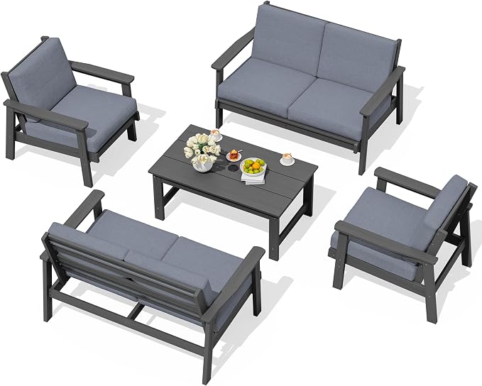 SERWALL HDPE Patio Furniture Set, 5 Piece All Weather Wood-Like Sectional Outdoor Furniture Set, Grey Patio Sofa Couch with Grey Cushions for Deck, Lawn