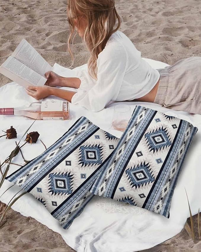Outdoor Waterproof Throw Pillow Covers Set of 2 Blue Boho Aztec Lumbar Pillowcases 20x12 Inches Southwest Tribal Geometric Patio Decorative Pillows Cushion Case Patio Pillows for Couch Bed Garden