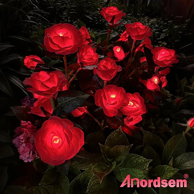Anordsem Solar Garden Lights Outdoor: 20 Waterproof Fabric Roses 4 Pack - Red LED Flower Decorations for Yard Patio Path Cemetery Grave - Birthday Gifts for Women Mom Wife