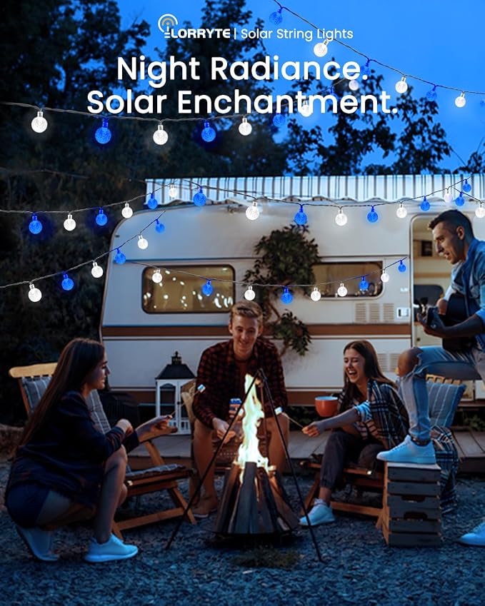 Solar String Lights Outdoor Waterproof 2 Pack 100 LED 64FT Patio Lights | Blue and White Crystal Globe, 8 Lighting Modes, Auto On/Off, Solar Powered Light for Outside Yard Wedding Party Decorations