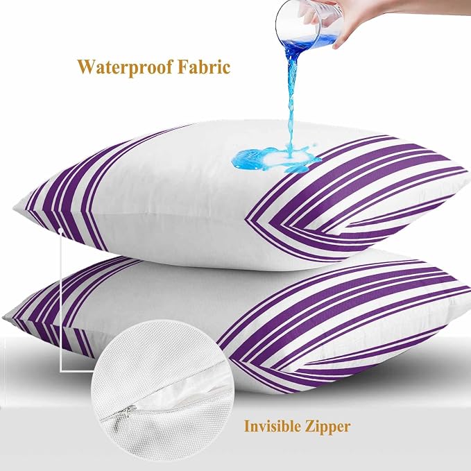 Outdoor Waterproof Throw Pillow Covers Set of 2 Purple Stripes Pillowcases 20x20 Inches White Vertical Striped Decorative Pillows Cushion Case Patio Pillows for Couch Bed Chair Garden