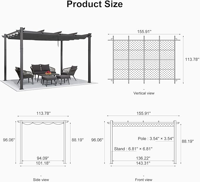 PURPLE LEAF 10' X 13' Outdoor Retractable Pergola with Sun Shade Canopy Patio Metal Shelter for Porch Garden Beach Pavilion Grill Gazebo Modern Yard Grape Trellis Pergola, Gray