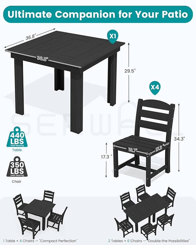 SERWALL HDPE Outdoor Square Dining Set for 4 | with Armless Chair Seat