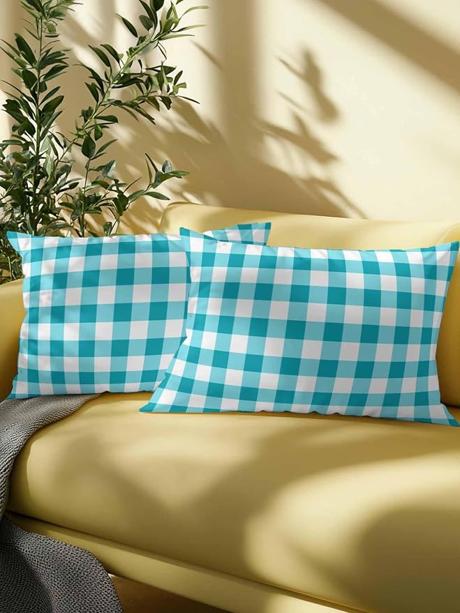 Waterproof Outdoor Pillow Set of 2 Turquoise Buffalo Plaid Decorative Throw Pillows Cover & Insert 20x12 Inch Lumbar Pillowcase Check Lines Pillows for Couch Sofa Bed Patio Furniture Indoor Outdoor