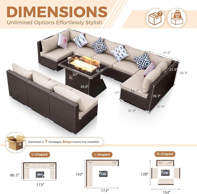 BULEXYARD 11 Piece High Back Wicker Patio Furniture Sets with Fire Pit, Luxury Plus Size Outdoor Seating Set, Comfortable Extra Wide Deep 10-Seater Sectional Couch Sofa for Outside, Brown & Beige