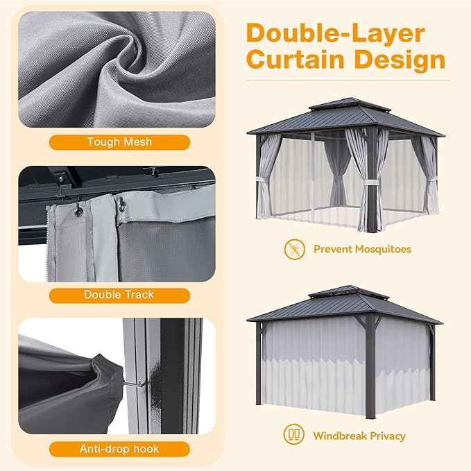 12x12FT Hardtop Gazebo, Metal Frame with Double Galvanized Steel Roof, Permanent Outdoor Pergola with Curtains and Netting Included for Backyard, Patio, Lawn and Garden, Gray