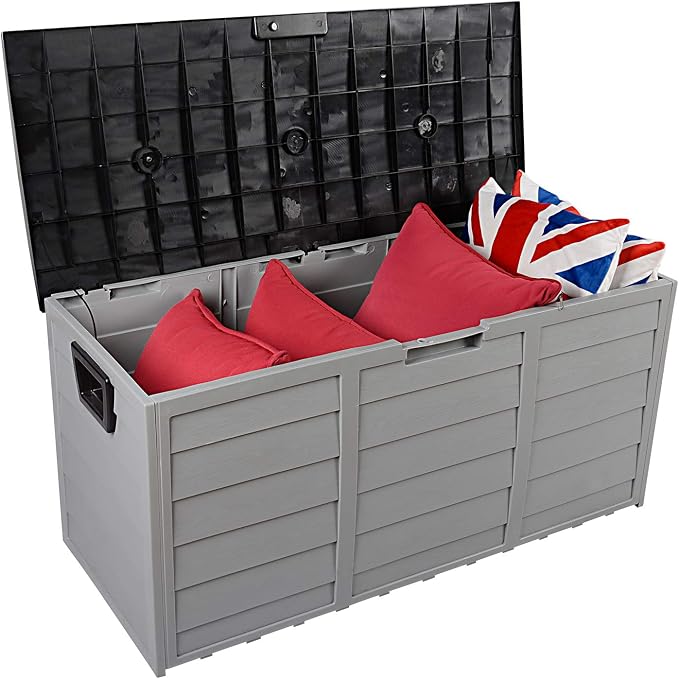 75 Gallon Large Outdoor Storage Box, Indoor and Outside Deck Box with Lockable Design Lids, Waterproof Resin Storage Containers Bin for Garden Garage Patio Poolside Toy Storage Black & Gray