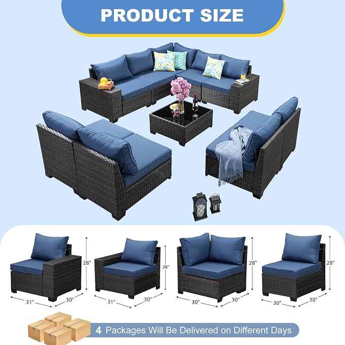 Patio Furniture Set, 10 Pieces Outdoor Couch Sofa with Wider Armrests & Glass Coffee Table, Outdoor Sectional Furniture with Thick Cushions for Party, Poolside,Garden-Navy