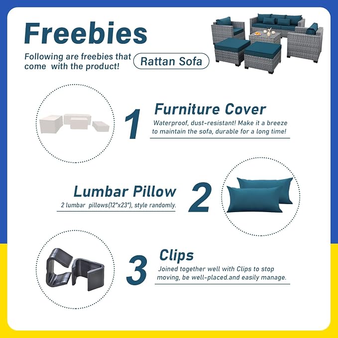 Lviden 6 Pieces Wicker Patio Furniture Sets Outdoor Conversation Set HDPE Rattan Sectional Sofa Couch with Storage Table and Non-Slip Cushions, Peacock Blue