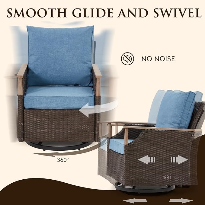 MELLCOM 7 Piece Patio Furniture Set Wicker Patio Conversation Set Rocking Bistro Set with 3 Seater Sofa, Coffee Table, Tempered Glass Side Table and 2 Ottoman, for Backyard Garden Patio (Blue, 7pcs)
