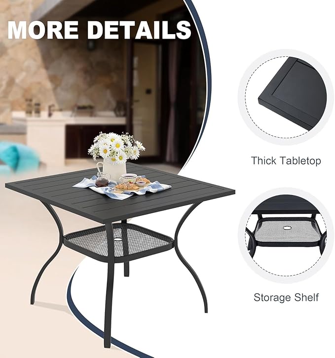 VICLLAX 5 Pieces Patio Outdoor Dining Set, 38" Square Metal Dining Table with Umbrella Hole and 4 Stackable Textilene Chairs for Lawn, Garden, Porch, Black/Brown