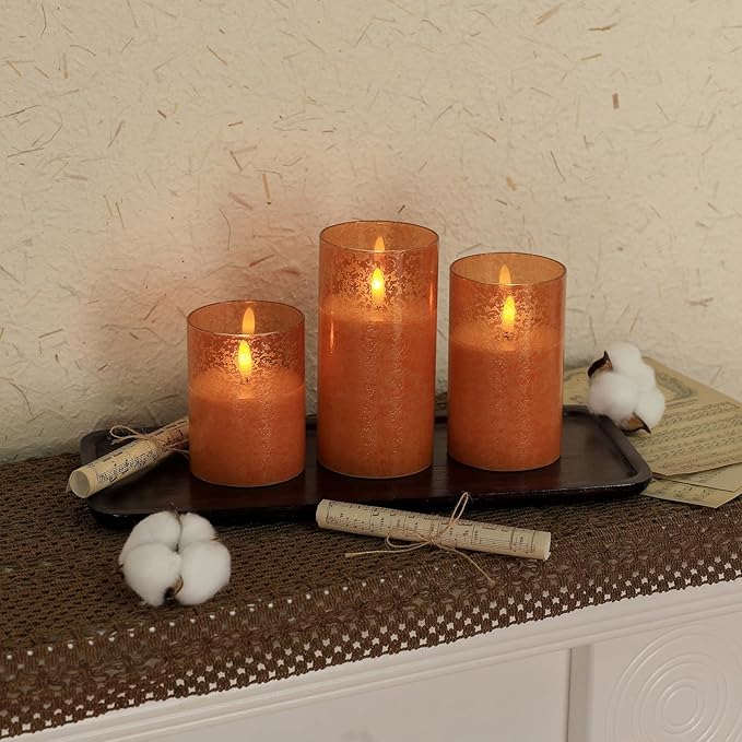 Flameless Candles with Remote, 3D Wick Realistic LED Candles Flickering, Real Wax in Glass Orange Fake Candles for Wedding Party Festival Home Decor Gifts