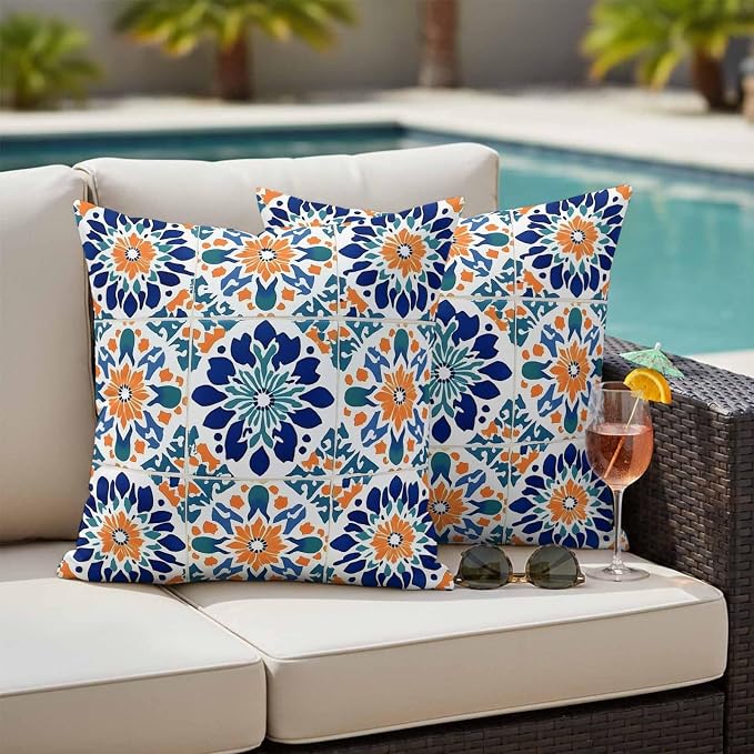 Retro Abstract Geometric Outdoor Pillow Covers Set of 2 Orange Blue Floral Texture Waterproof Throw Pillow Cover Decorative Cushion Cases for Patio Porch Garden 16X16 Inch