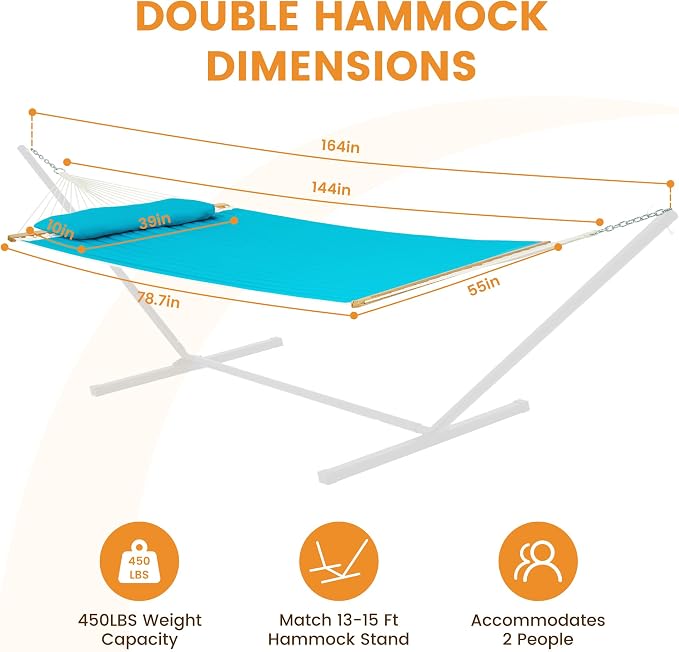 Lazy Daze Hammocks 12 FT Double Quilted Fabric Hammock with Spreader Bar and Detachable Pillow, 2 Person Hammock for Outdoor Outside Patio Garden Yard Pool Beach, 450lbs Weight Capacity (Blue)
