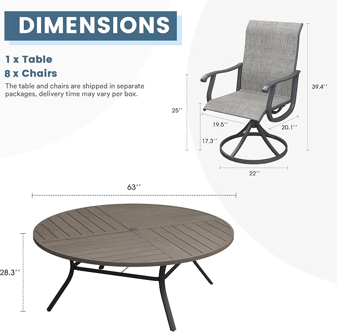 DIFY Patio Table and Chairs Set for 8, 9 Piece Outdoor Dining Set, 63" Grey Wood-Like Round Metal Dining Table with Umbrella Hole and 8 Grey Textilene Swivel Patio Chairs, for Garden Backyard Deck