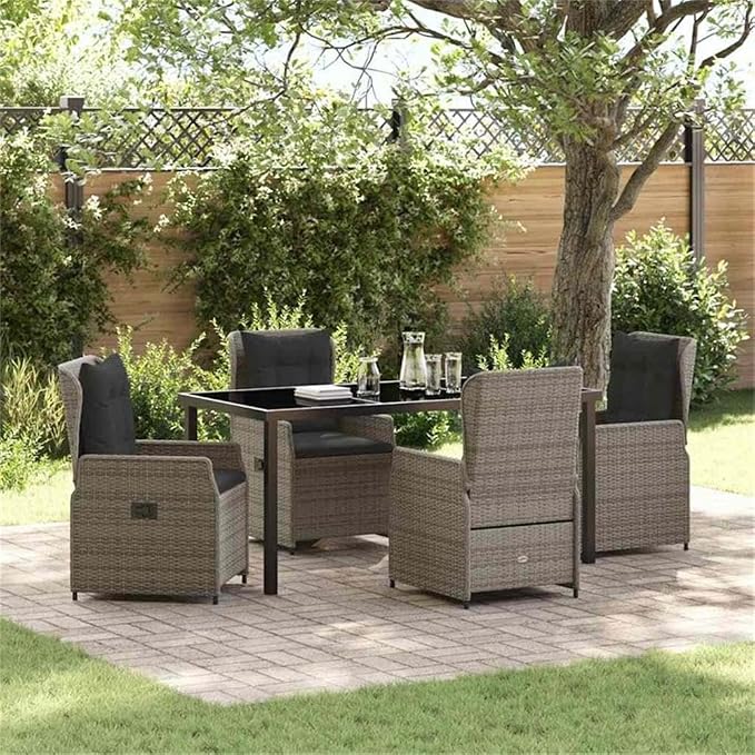 Afuera Living Contemporary 5 Piece Poly Rattan Garden Dining Set, Gray Finish, Tempered Glass Table, Adjustable Backrest Chairs, Weather-Resistant Patio Furniture for Outdoor Dining