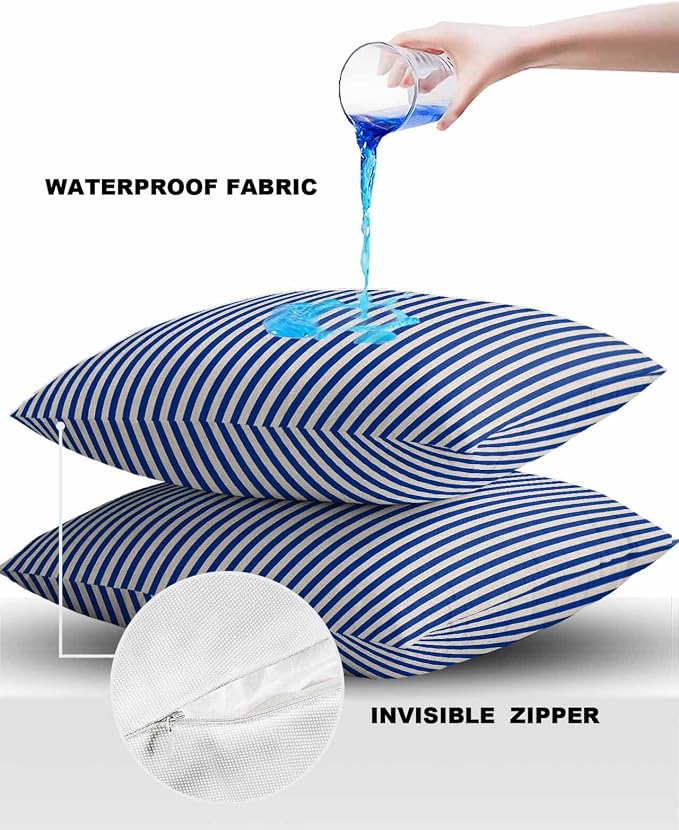 Outdoor Waterproof Throw Pillow Covers Set of 2 Navy Blue Stripes Pillowcases 26x26 Inches Linen Classic Vertical Striped Patio Decorative Pillows Cushion Case Patio Pillows for Couch Bed Chair Garden