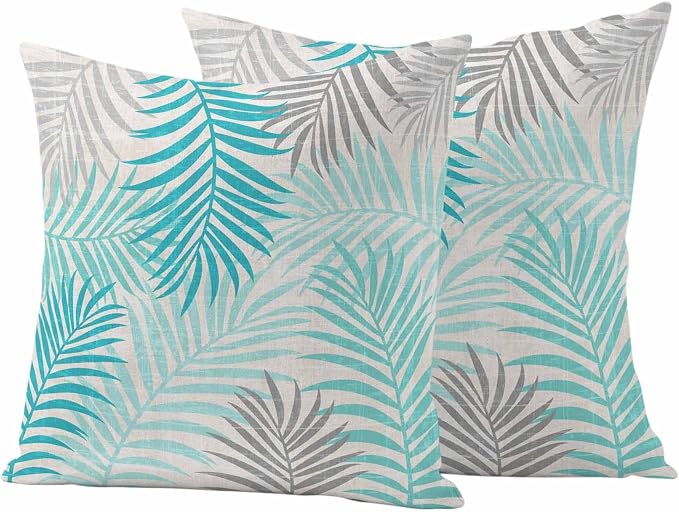 Outdoor Waterproof Throw Pillow Covers, Teal Grey Palm Leaves Decorative Pillow Cases, Summer Botanical Tropical Leaf Couch Pillow Protector Patio Sofa Cushion Covers Replacement 18"x18" 2 Pack