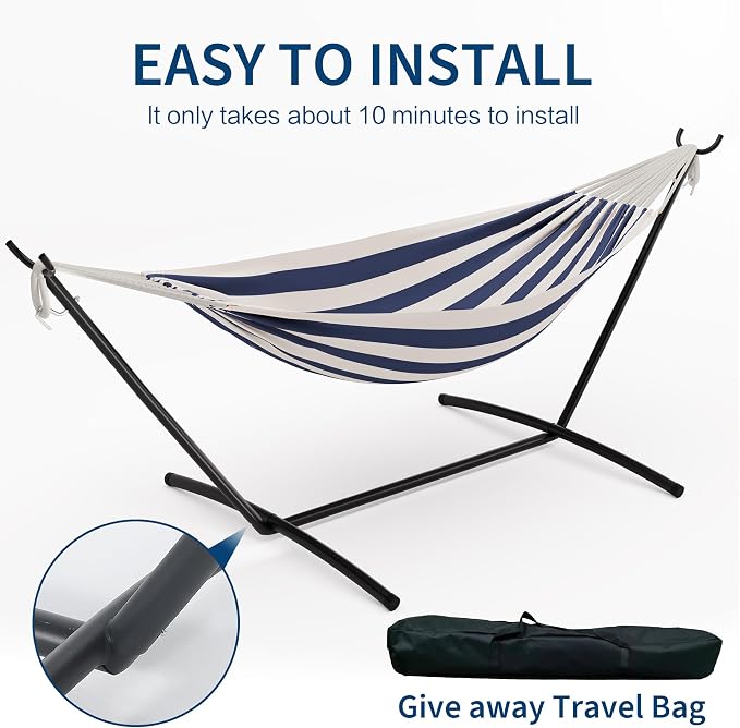 Double Hammock with Stand for Outdoor Use, 2 Person Heavy Duty Hammock with Steel Frame Stand, Portable Hammock for Patio, Yard & Garden, Easy Assembly, 450 Lbs Capacity-Blue White